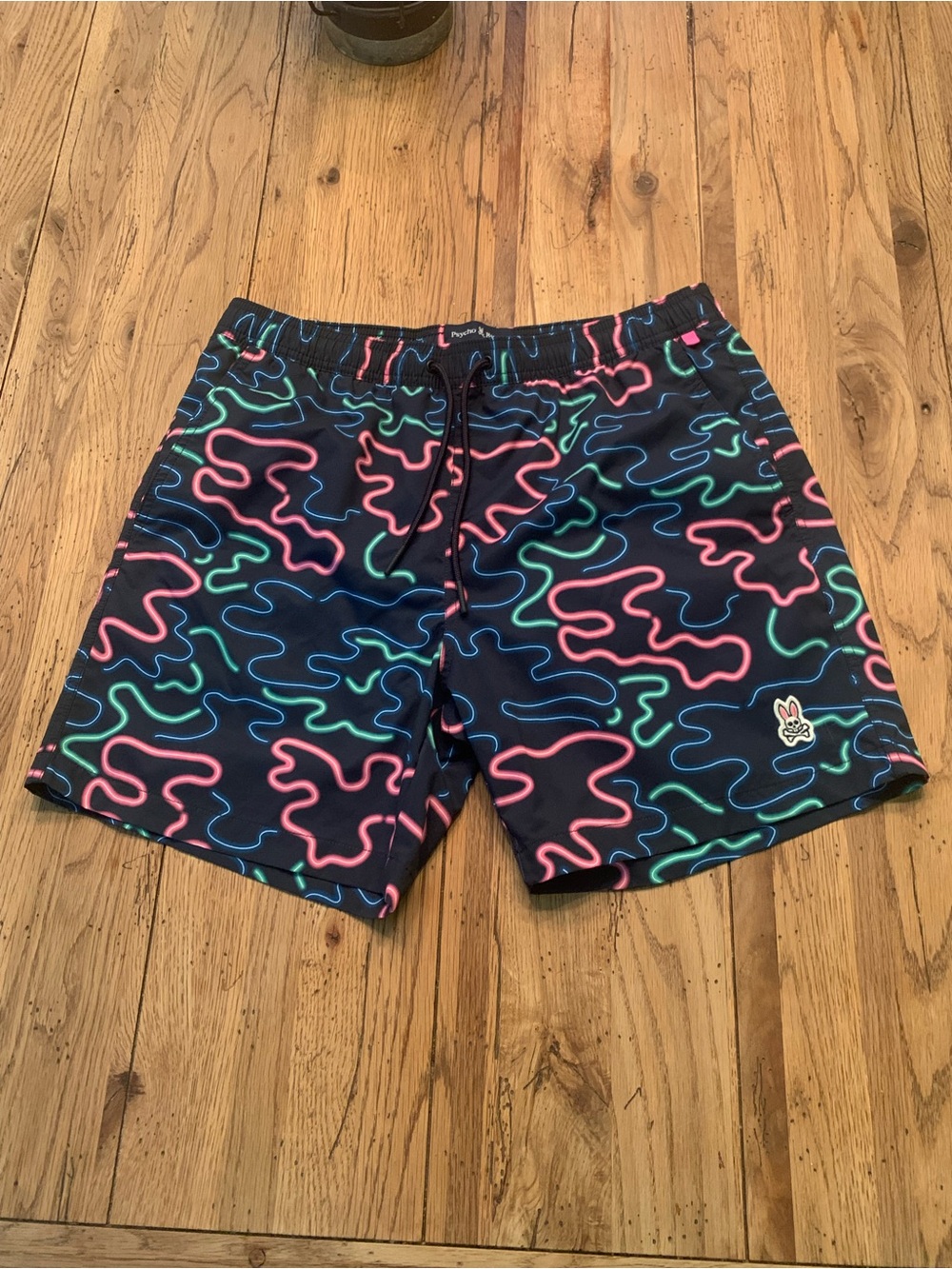 Men's Psycho Bunny Black Neon Wave Swim Shorts Size Medium